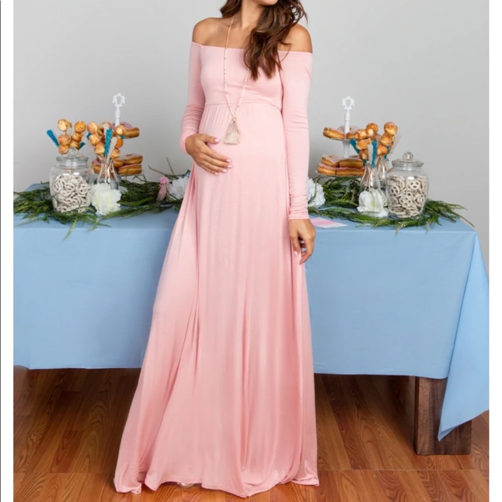 PinkBlush Pink Solid Off Shoulder Maternity Maxi Dress